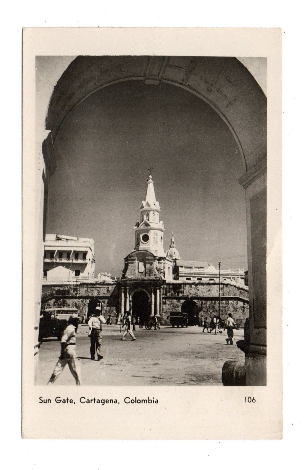 CARTAGENA, COLOMBIA, PUBLIC CLOCK TOWER & SUN GATE ENTRANCE, REAL PHOTO PC 1930s