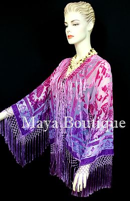 Pre-owned Maya Matazaro Wearable Art Hand Dyed Velvet Kimono Fringe Jacket Grape Wine  In Purple