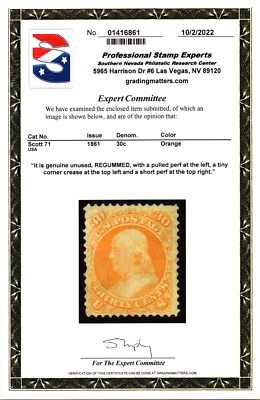 US Scott #71 Franklin 30c Stamp. Mint RG. No Grill. PSE Certified. CV $2600-$950