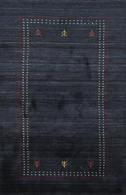 Unique Vibrant Bordered Small Rug Navy Blue Handmade Gabbeh Carpet 3x5 ft