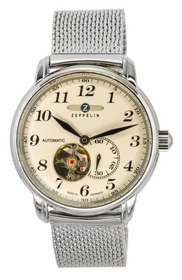 Pre-owned Zeppelin Lz 127 Graf Open Heart Beige Dial Casual Automatic Men's Watch 7666m5