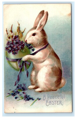 Peaceful Easter Embossed Rabbit Carrying Egg Flower Bouquet International Art C3