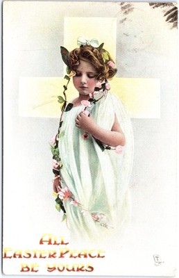 VINTAGE POSTCARD RAPHAEL TUCK EASTER YOUNG GIRL WREATH FLOWERS MAILED IN CANADA