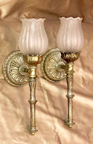 LARGE VINTAGE 16” MATCH PAIR SOLID BRASS L&L WMC TORCHIERE WALL SCONCE & SHADE