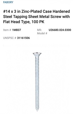 Fabory  Self Tapping Sheet Metal 3  Screws Qty-100 (NEW) Free Same Day Shipping!