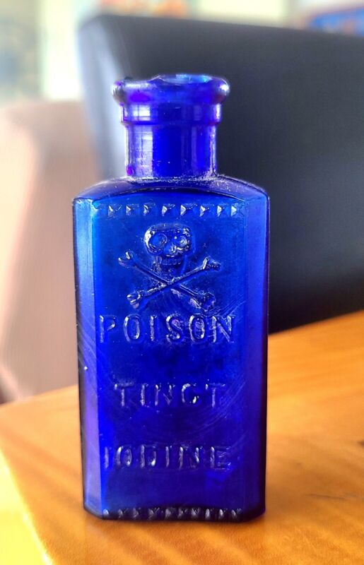 "3" Cobalt Blue Skull & Crossbones Bottle Embossed POISON TINCT IODINE 