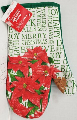 Fabric Printed Kitchen Oven Mitt (10.5'')POINSETTIA & CHRISTMAS WORDS,green,Flomo