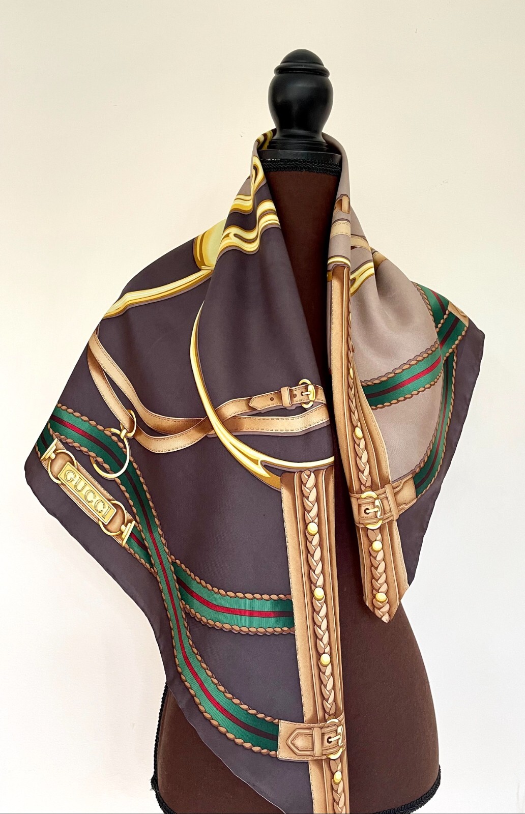 Pre-owned Gucci Unisex  Silk Wrap Logo Print Horsebit Equestrian Brown Beige Scarf