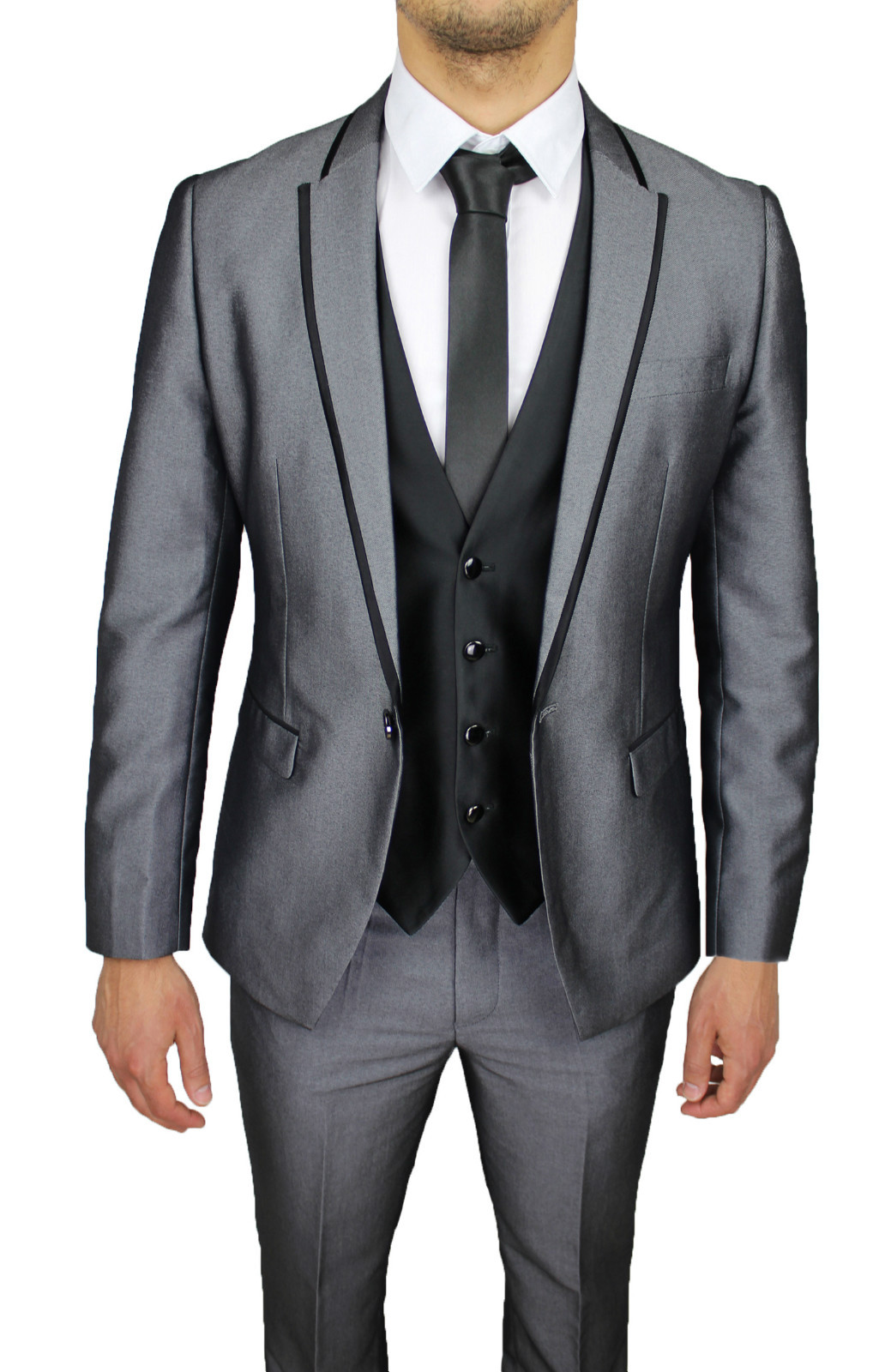 ABITO UOMO COMPLETO CON GILET E CRAVATTA SARTORIALE VESTITO GRIGIO RASO  LUCIDO