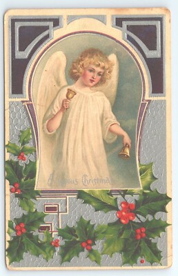 Postcard A Joyous Christmas Art Nouveau Angel Ringing Bells posted 1908 Embossed