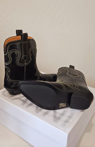 Pre-owned Ganni Low Shaft Embroidered Western Boots - Black/yellow ( Origin $595 )