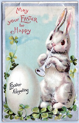 Postcard Easter Greetings Rabbit Bunny Playing Trumpet Large Egg Embossed HE10