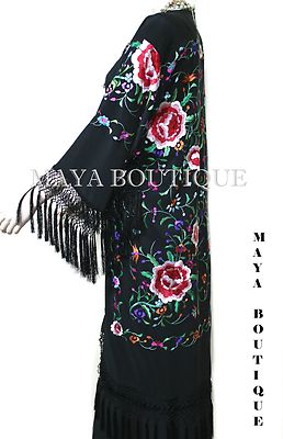 Pre-owned Maya Matazaro Embroidered Silk Fringe Jacket Flamenco Kimono Black & Multi