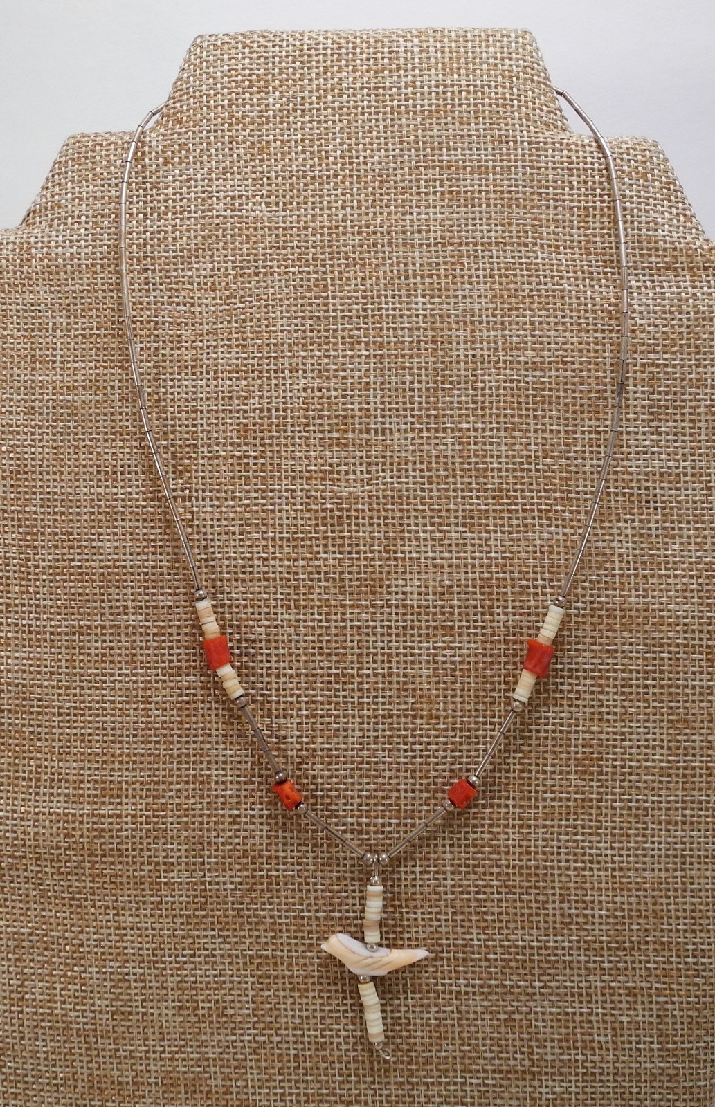 Vintage Sterling Silver Bird Fetish Necklace Coral American Native? Western Bone