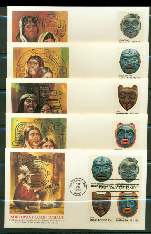 1980 FDC Set of 5 - Scott# 1834-37 - NW Indian Masks - Fleetwood Cachet  UA