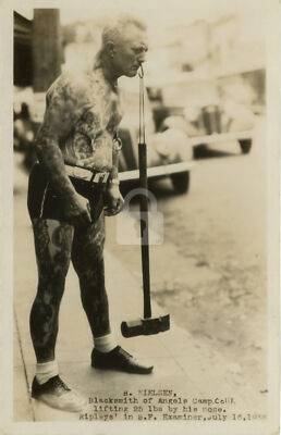 Tattooed Strong Man Rasmus Nielsen (USA, c.1940) RPPC Photo Postcard COPY