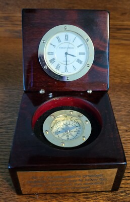 Vintage Navigator Clock & Compass Encased in Hinged Mahogany Box Inscription