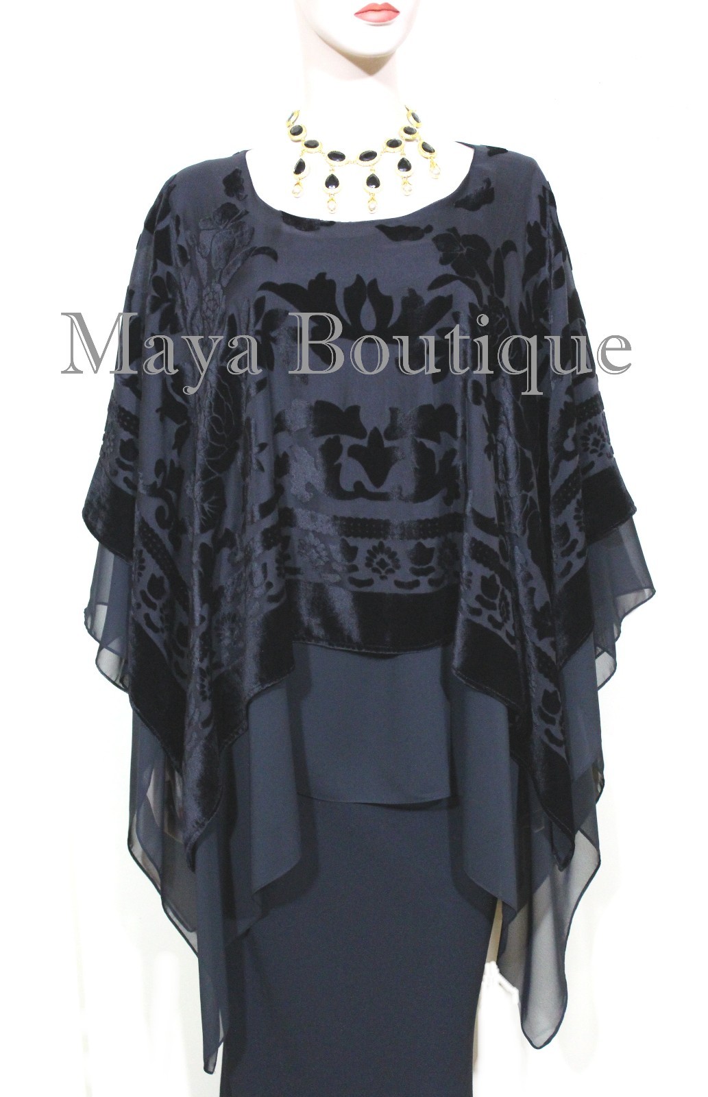 Pre-owned Maya Matazaro Black  Layered Poncho Top Burnout Velvet & Chiffon Made In Usa
