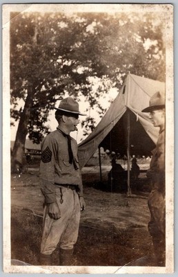 Vtg B&W Snapshot Us Army First Sergeant & Soldier In Uniforms At Camp Tent 1930s