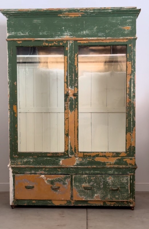 Antique Apothecary Display Cabinet Green primitive cupboard Hutch Display Glass