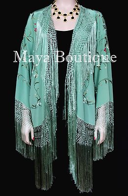 Pre-owned Maya Matazaro Embroidered Silk Fringe Jacket Kimono Tiffany Green Hand Dyed  Usa