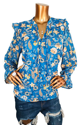 Eclair L Top Floral Paisleys Lined Blouse Long Bell Slv Low V Cut Knot Ties Soft