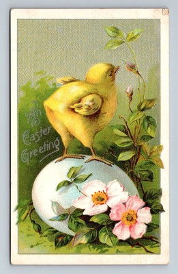 Baby Chick Flowers Egg Easter Greetings Vintage Embossed Postcard