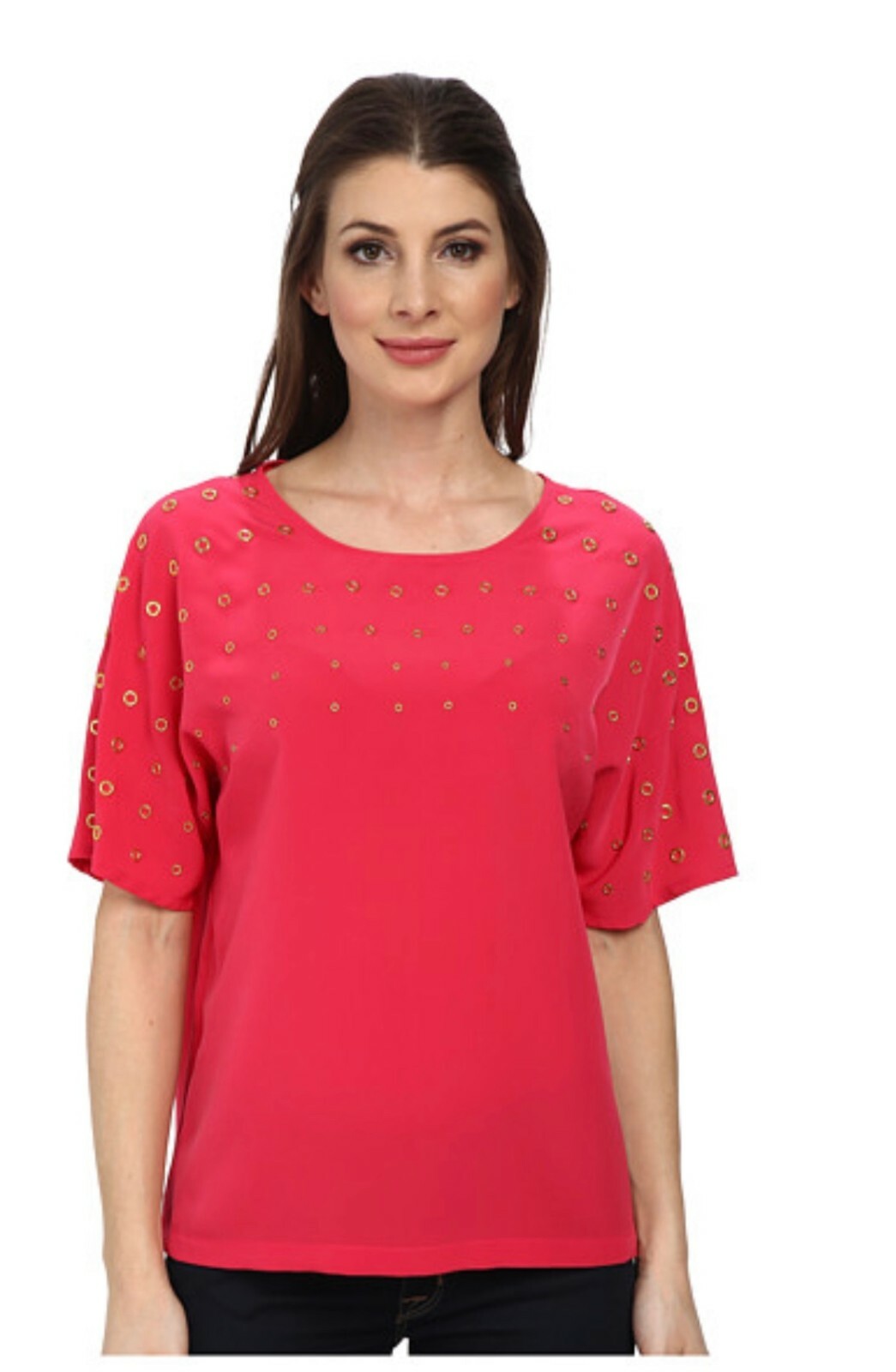 

Calvin Klein NWT LIPSTICK PINK Топ с короткими рукавами и золотой фиксацией, декорированный размером XS