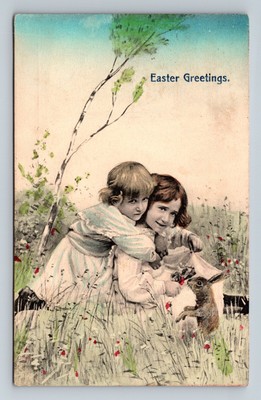 Kids Bunny Easter Greetings 1910 Postcard