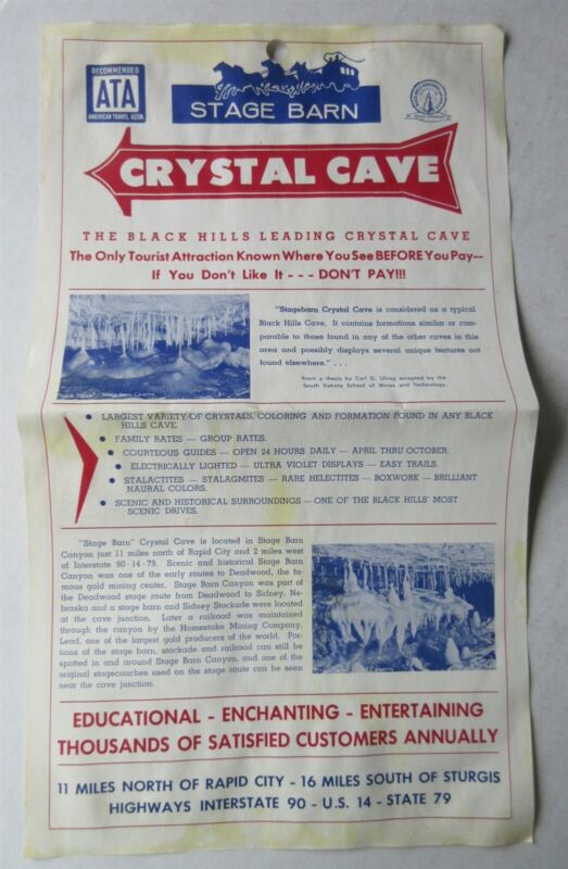 1964 Crystal Cave Black Hills South Dakota info sheet / map / brochure