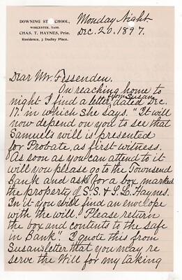 1897 DOWING ST SCHOOL LETTERHEAD WORCESTER MA CHAS HAYNES , FESSENDEN MUST READ