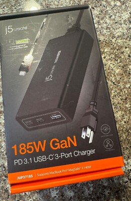 j5Create - 185W GaN PD 3.1 USB-C 3-Port Laptop Super Charger - JUP37185 - Black