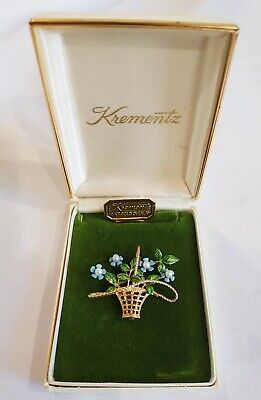 Krementz ''Forget Me Not'' Bouquet Brooch, Blue Enamel Flowers, Original Box