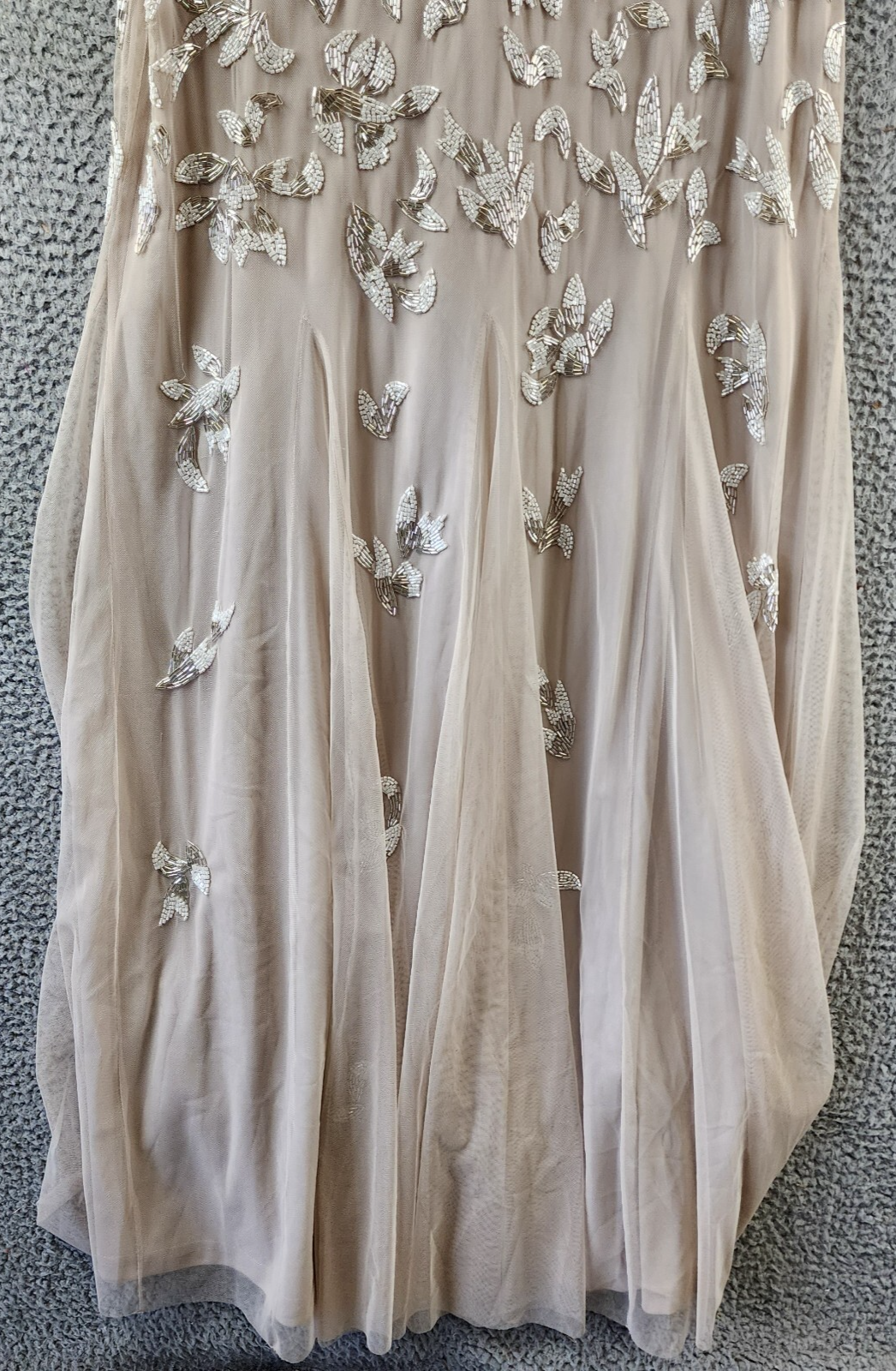 Adrianna Papell Beaded Godet Gown Women's 10 Beige V-Neck Hook & Eye Closure S/S - Picture 3 of 24