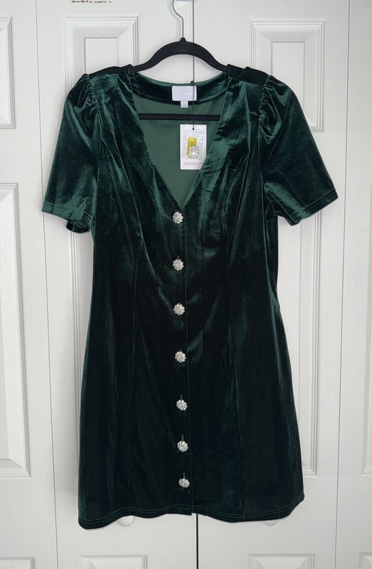 SugarLips Green Velvet SS Mini Dress Rhinestone Button Down Woman's Large  NWT