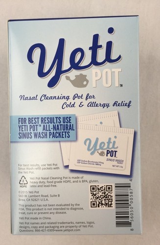 Yeti Neti Pot Homeopathic Nasal Cleansing Pot 20 Saline Packets Cold Allergy