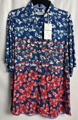 Tommy Bahama Men's Shirt Size XL Veracruz Cay Flora & Stripes Blue Allure A48