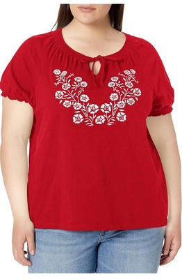 Tommy Hilfiger Women's Blouse Plus Size 1X Floral Tie Keyhole Smocked Scoop Neck