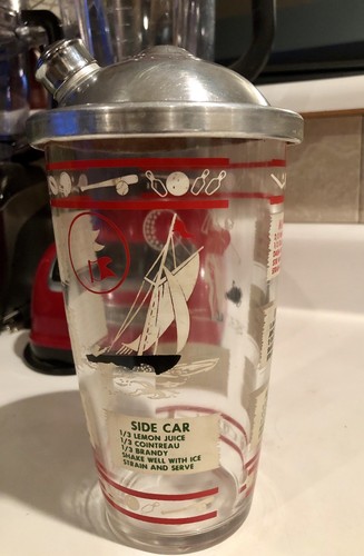 Vtg Sports Glass Cocktail Shaker Drink Recipes Manhattan Martini Whiskey Sour