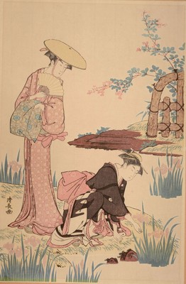 19C Japanese Ukiyo-e  Woodblock Print Torii Kiyonaga Women Iris Garden Pond 鳥居清長