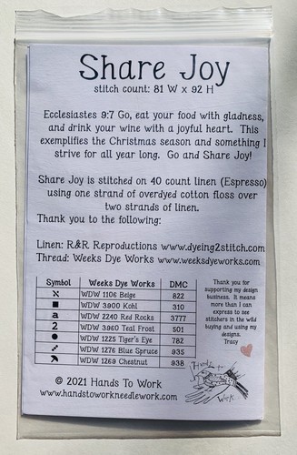 New Hands To Work SHARE JOY Cross Stitch Pattern Chart