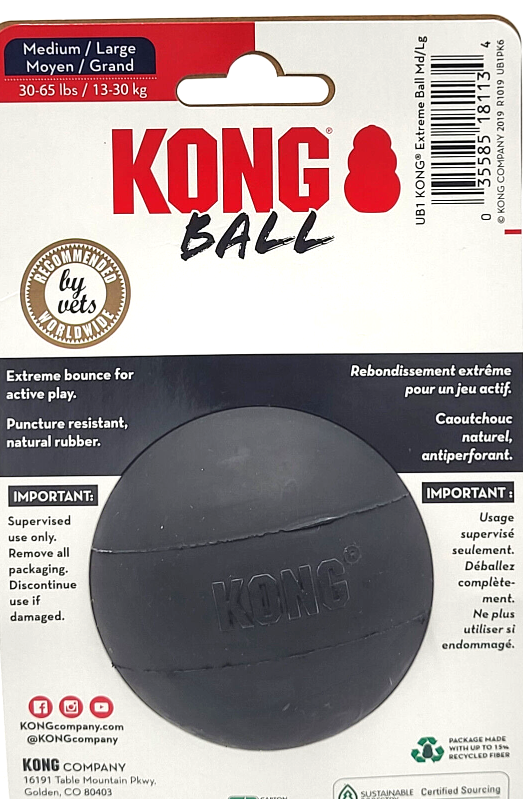 KONG Extreme Bounce Ball Med/Lrg Durable Rubber Fetch & Chew Dog Toy 3"