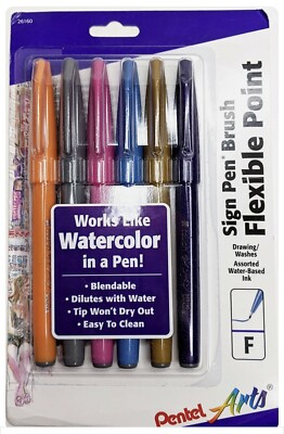 Pentel Sign Pen Fine Brush Tip 6 pc pack Assorted Color SES15CBP6M1 Lettering