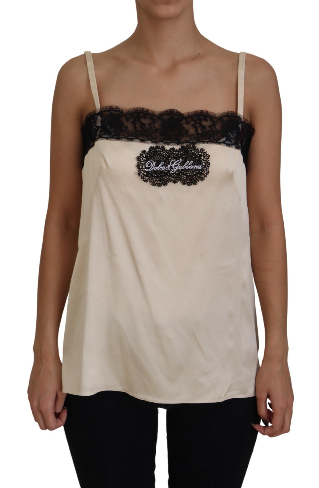 DOLCE & GABBANA Top Beige Lace Spaghetti Logo Embroidery