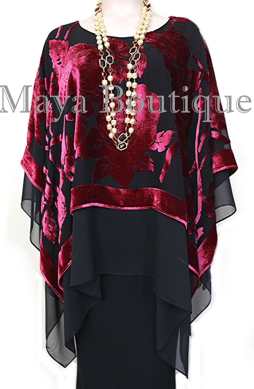 Pre-owned Maya Matazaro Layered Poncho Top Silk Burnout Velvet & Chiffon Red & Black