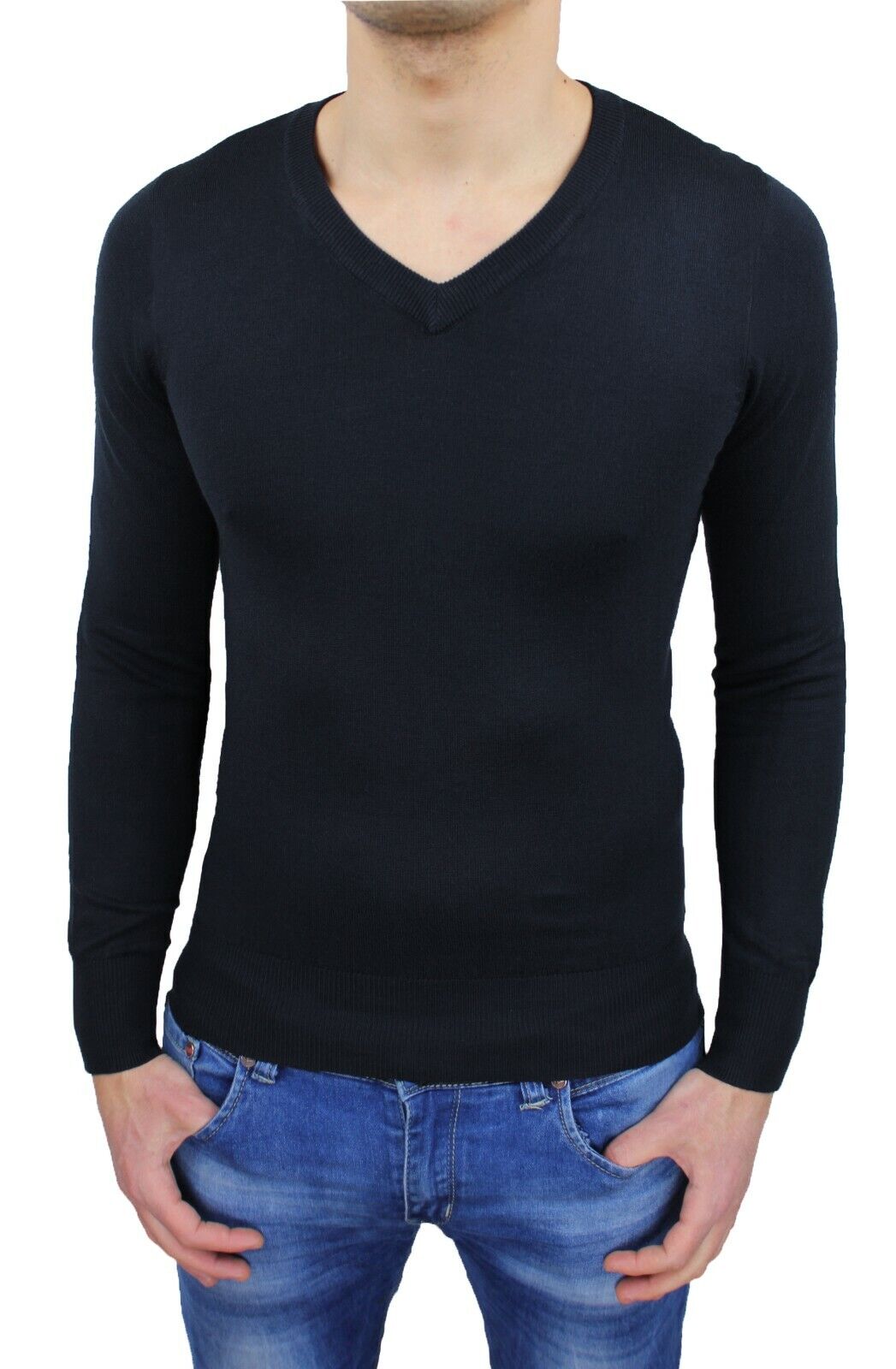 Maglioncino uomo Class nero slim fit maglione pullover scollo a V con toppe