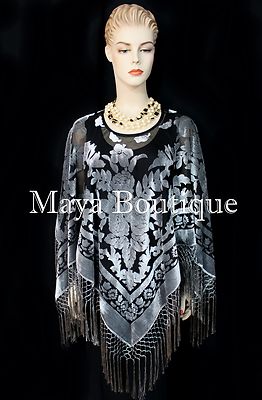 Pre-owned Maya Matazaro Poncho Shawl Top With Fringe Silver Gray Black Burnout Velvet  Usa