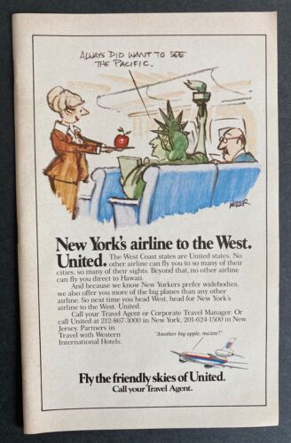 1980 United Airlines Statue of Liberty NY Cartoon Vintage Magazine Print Ad