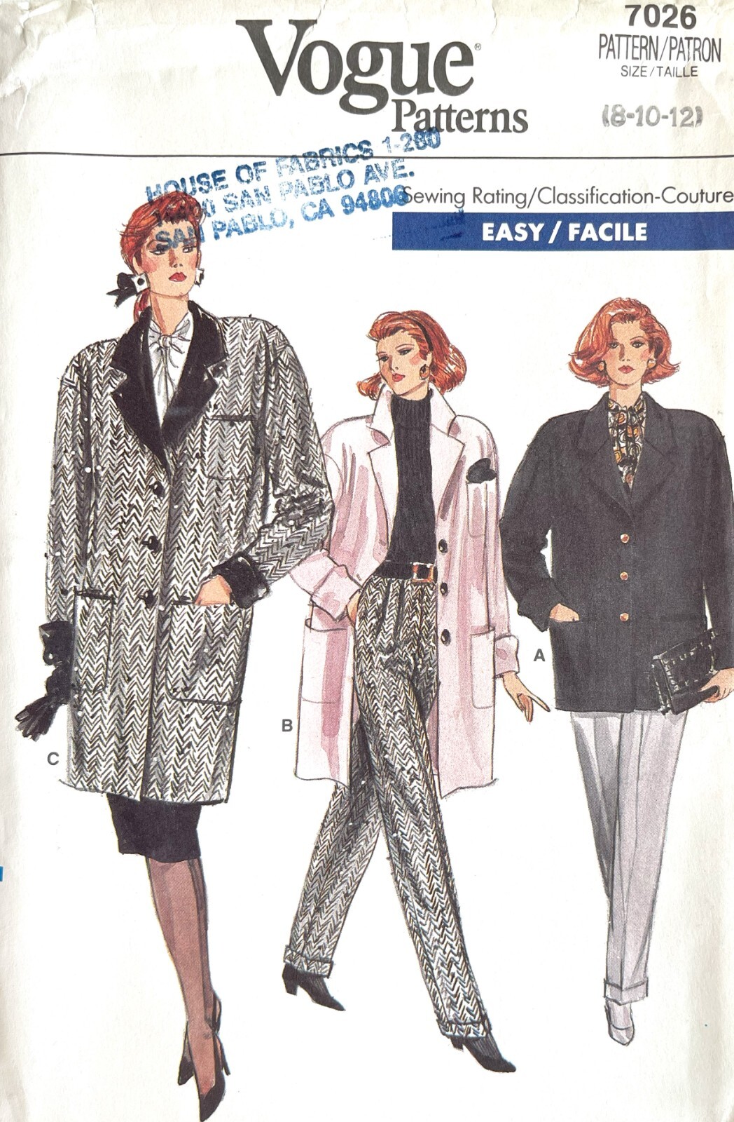 1990's VOGUE Misses' Jacket,Skirt,Pants Pattern 7026 Size 8