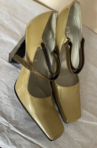 PRADA Square Toe Strap Pump Heels US 8 EU 38 Olive Patent